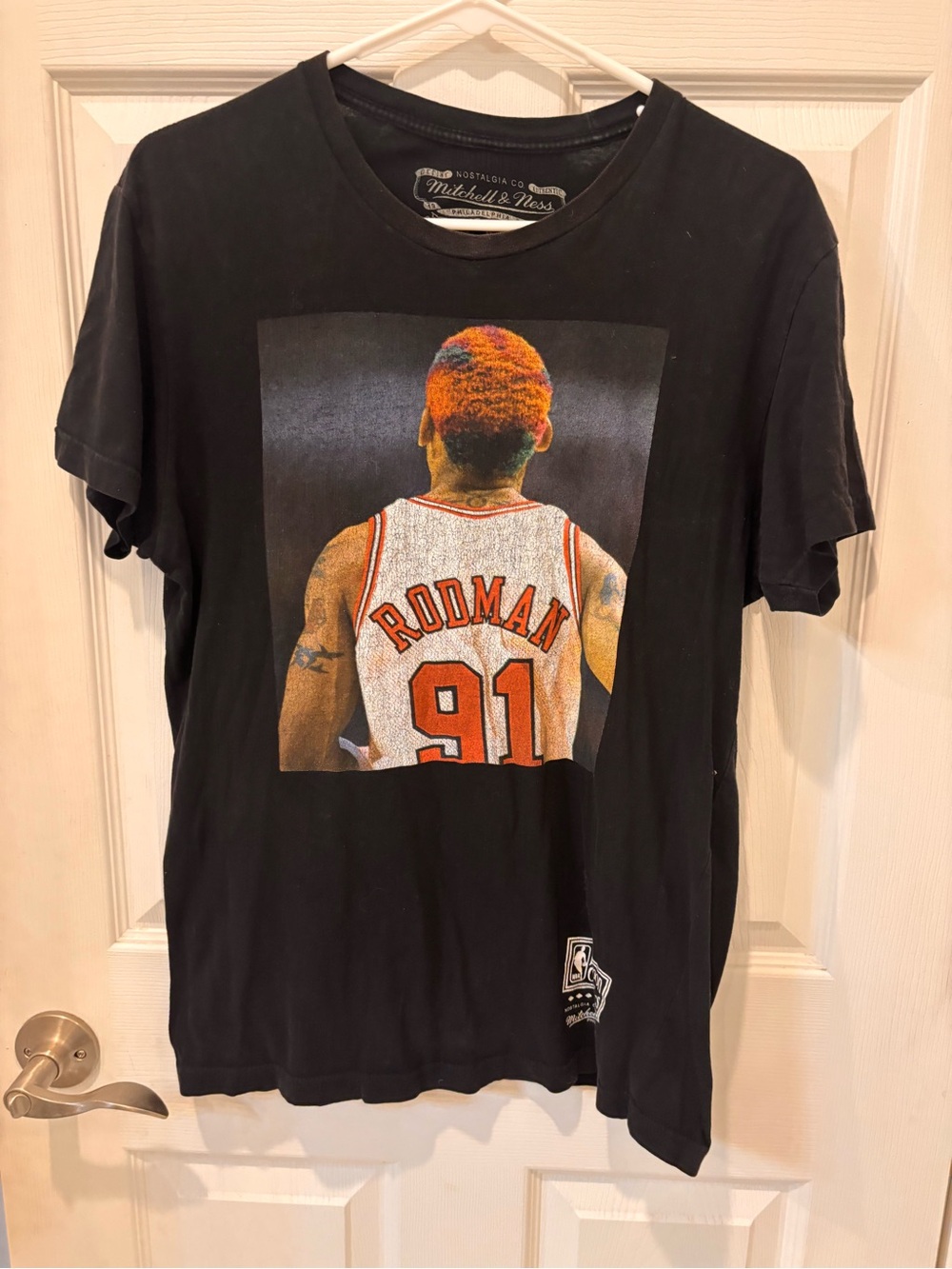 Mitchell & Ness Black Tee with Orange Red Dennis Rodman Back Graphic